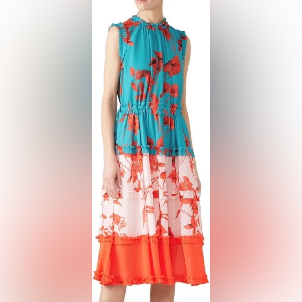 Ted Baker Floral Color Block Mid Dress Size 3 Tie Waist camelis print